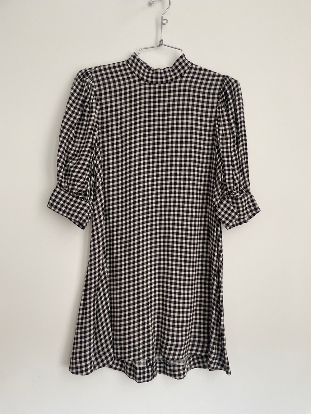 Ganni Black & White Gingham Mock Neck Mini Dress